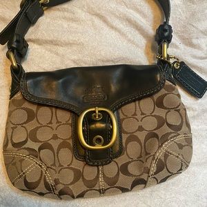 Authentic like new brown leather and tan signature coach shoulder bag